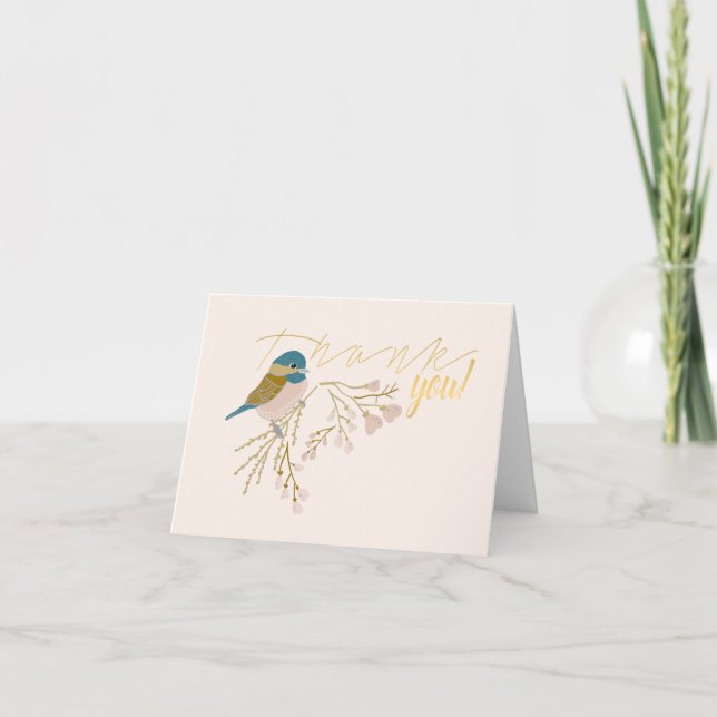 Cute Gold Pink Chickadee Bird Hearts Floral Print Thank You Card (Front)