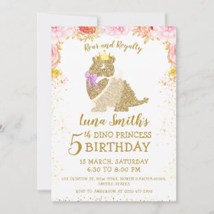 Cute Gold Princess Little Dinosaur Girl Birthday Invitation