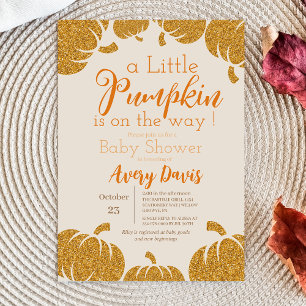 Cute Gold Pumpkin Autumn Modern Baby Shower Invitation