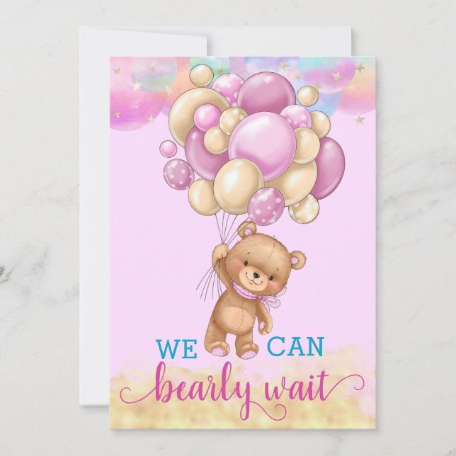 Cute Gold Rainbow Teddy Bear Balloons Baby Shower Invitation (Front)