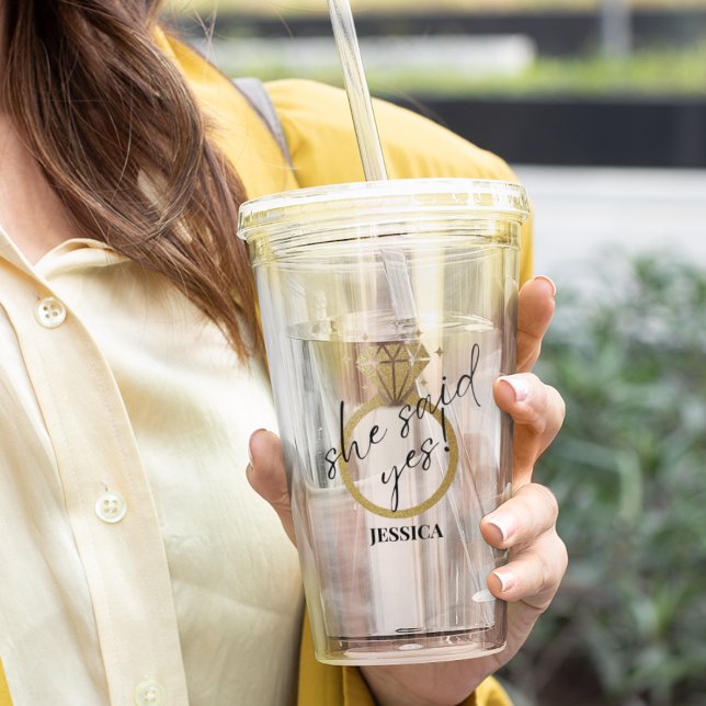 Cute Gold Ring She Said Yes Engagement Minimalist Acrylic Tumbler (Creator Uploaded)