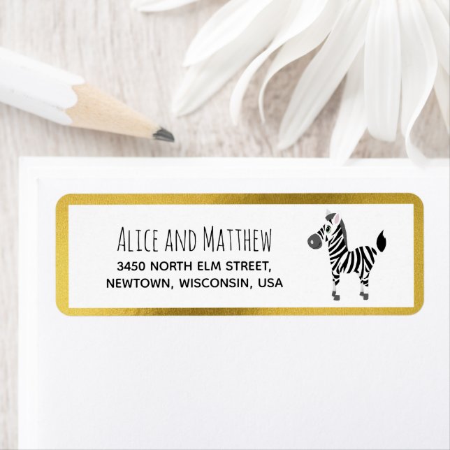 Cute Gold Safari Zebra Baby Shower Return Address Label (Insitu)