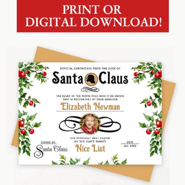 Cute Gold Santa Naughty Nice List Official Photo Holiday Card (Creator Uploaded)