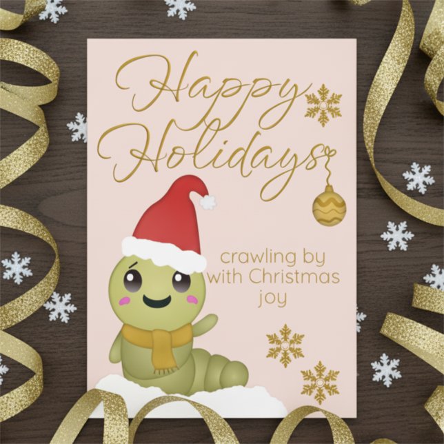 Cute Gold Script Cartoon Flat Holiday Card (Surprise your friends or family with something cute this Christmas.)