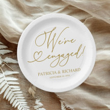 Cute Gold Script We're Engaged Engagement Party Paper Plate