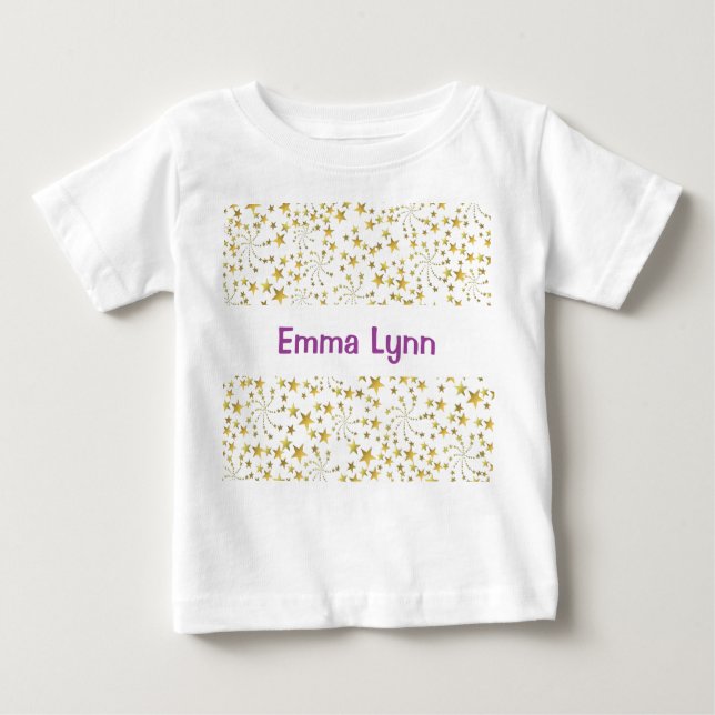 Cute Gold Stars Flower Fireworks Personalised Name Baby T-Shirt (Front)