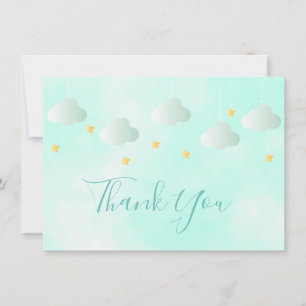 Cute Gold Stars Green Clouds Script Thank You Card