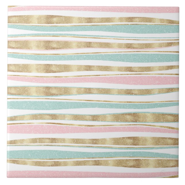 Cute Gold Stripes Doodles Pink Design Ceramic Tile (Front)