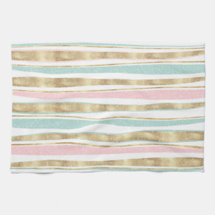 Cute Gold Stripes Doodles Pink Design Tea Towel