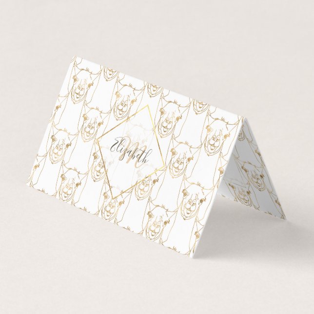 Cute Gold Strokes Llama Animal White Pattern Business Card (Front)