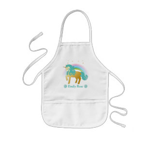 Cute Gold & Teal Unicorn & Rainbow Kids Apron