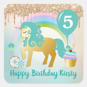 Cute Gold & Teal Unicorn Treats Birthday Square Sticker
