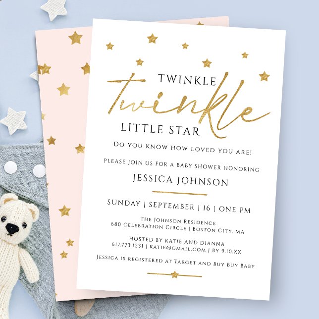 Cute Gold Twinkle Twinkle Little Star Baby Shower Invitation (Creator Uploaded)