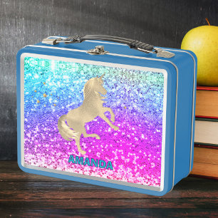 Cute gold unicorn Glitter colourful monogram Metal Lunch Box