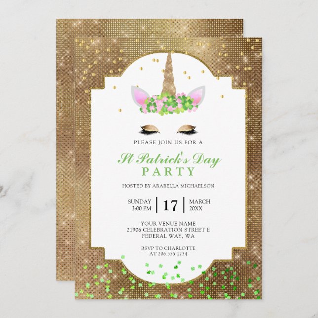 Cute Gold Unicorn St Patrick's Day Party Invitation (Front/Back)