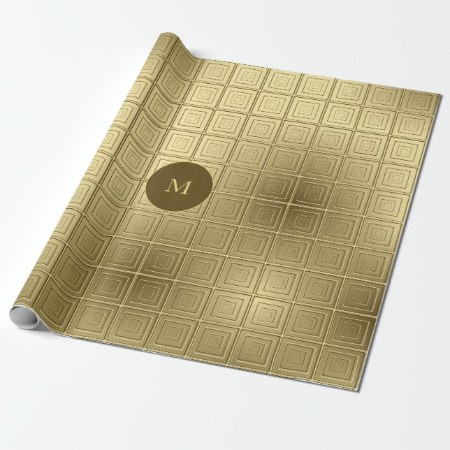 Cute Golden And Gold Squares Pattern Christmas Wrapping Paper (Unrolled)