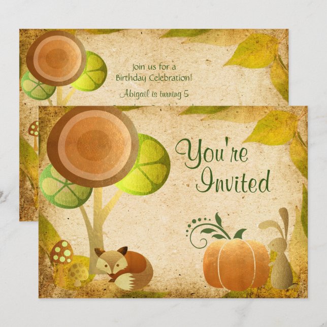 Cute Golden Autumn Woodland Animals Birthday Party Invitation (Front/Back)