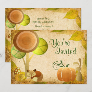 Cute Golden Autumn Woodland Animals Birthday Party Invitation