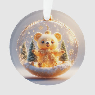 Cute Golden Bear Ornament in a Snowy Winter Scene