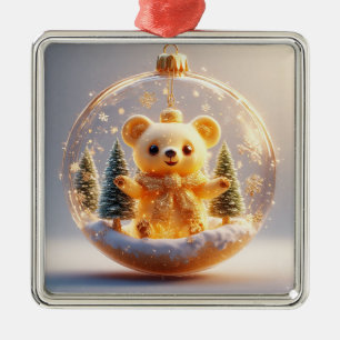 Cute Golden Bear Ornament in a Snowy Winter Scene