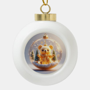 Cute Golden Bear Ornament in a Snowy Winter Scene