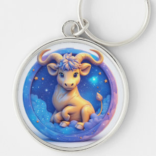 Cute Golden Bull in Cosmic Circle Key Ring