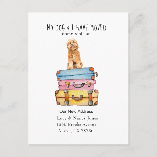Cute Golden Doodle dog moving announcement  Postcard (Front)