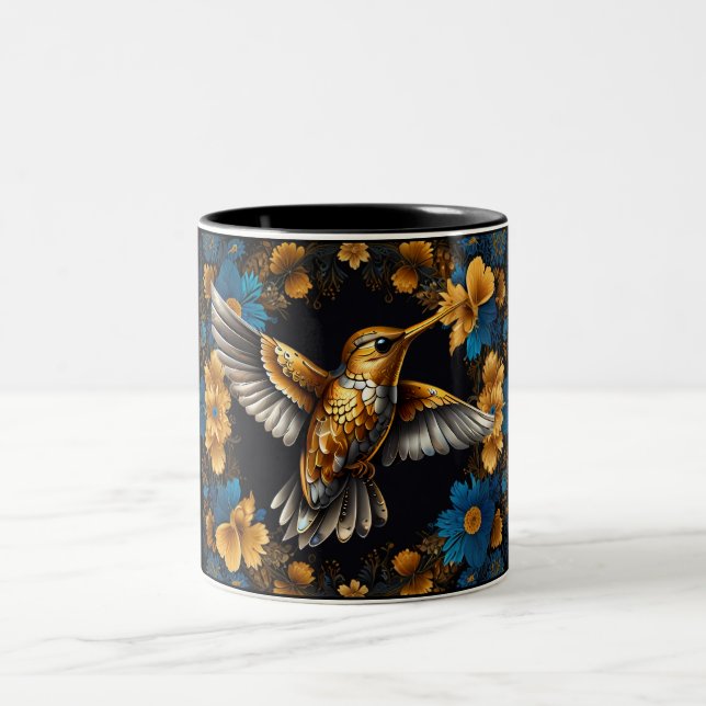 Cute Golden Hummingbirds on Black & Blue Flowers Two-Tone Coffee Mug (Center)