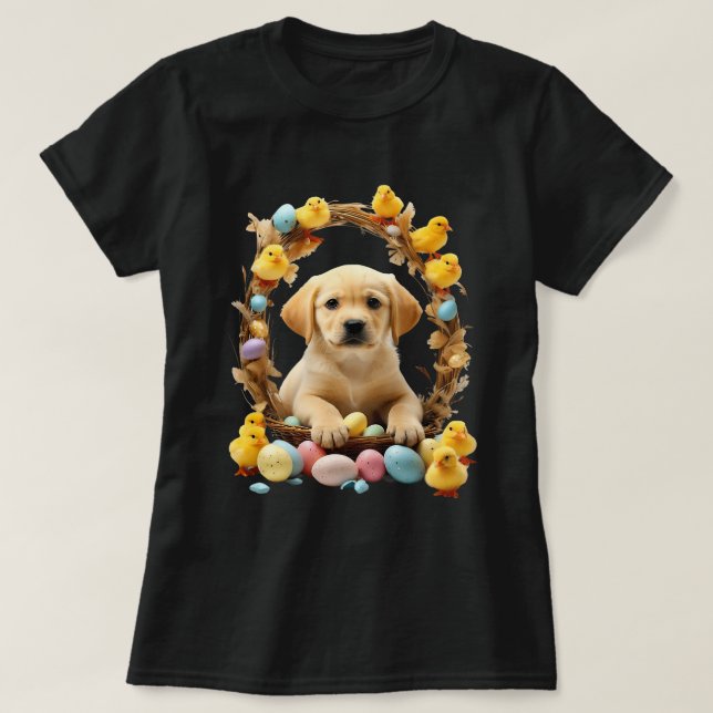 Cute Golden Labrador Puppy and Chicks Easter baske T-Shirt (Design Front)