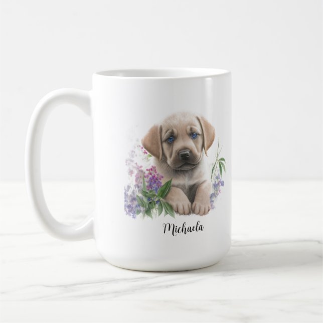 Cute Golden Labrador Puppy Florals Monogram Name Coffee Mug (Left)