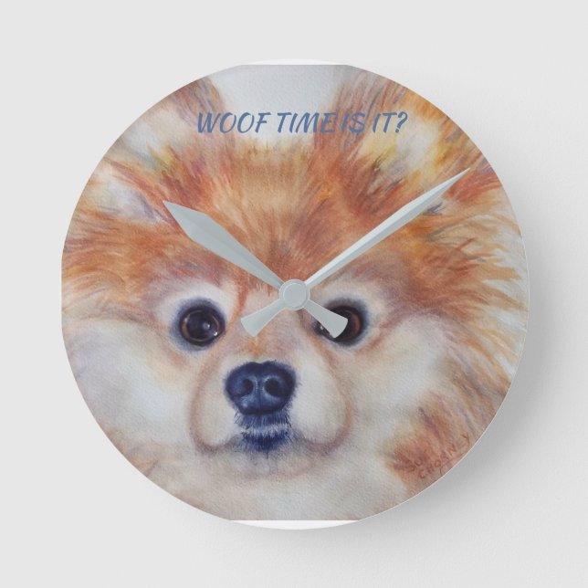 CUTE GOLDEN POMERANIAN ROUND CLOCK (Front)
