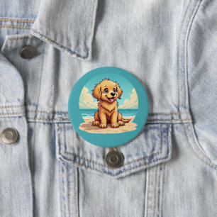 Cute Golden Puppy at Sunny Beach Scene 7.5 Cm Round Badge