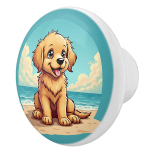 Cute Golden Puppy at Sunny Beach Scene Ceramic Knob