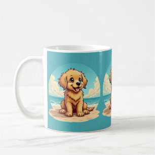 Cute Golden Puppy at Sunny Beach Scene Coffee Mug