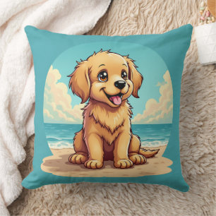 Cute Golden Puppy at Sunny Beach Scene Cushion
