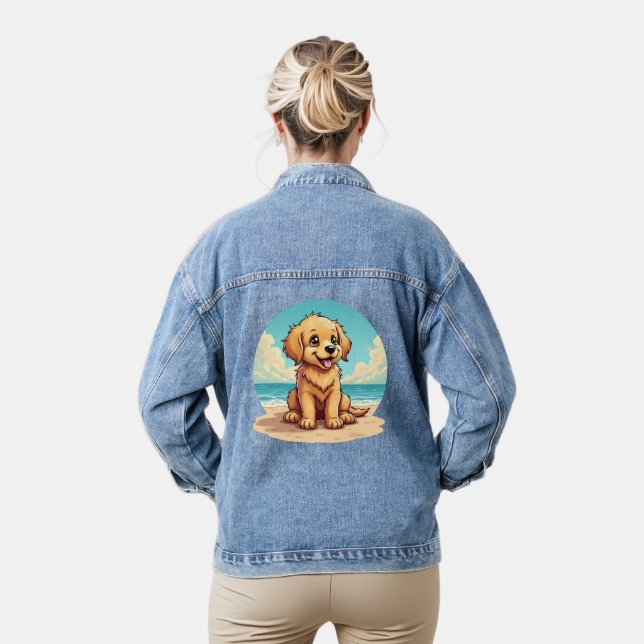 Cute Golden Puppy at Sunny Beach Scene Denim Jacket (Model)