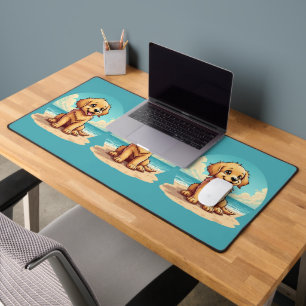 Cute Golden Puppy at Sunny Beach Scene Desk Mat