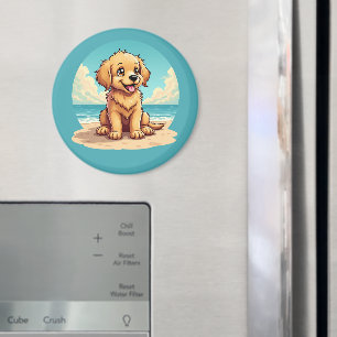 Cute Golden Puppy at Sunny Beach Scene Magnet