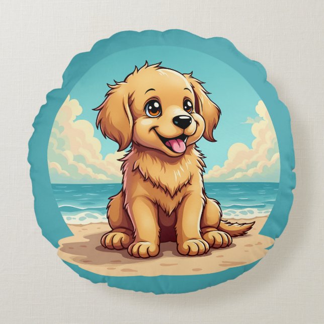 Cute Golden Puppy at Sunny Beach Scene Round Cushion (Front)