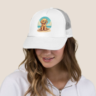 Cute Golden Puppy at Sunny Beach Scene Trucker Hat