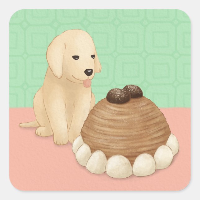 Cute Golden Retriever and Dessert Illustration Square Sticker (Front)