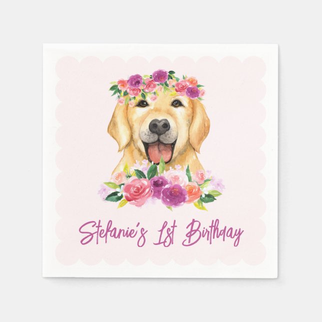 Cute Golden Retriever and Purple Flowers Birthday Napkin (Front)
