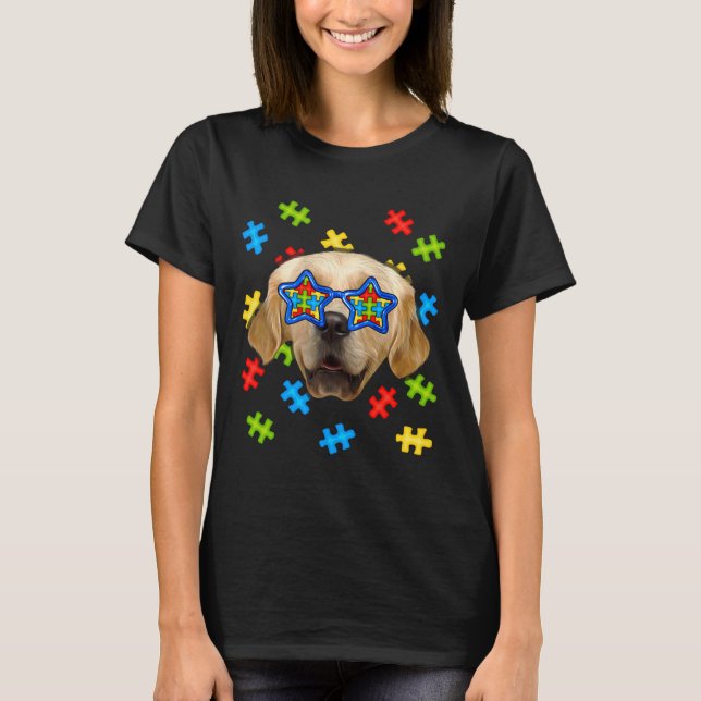 Cute Golden Retriever Autism Puzzle Sunglasses Dog T-Shirt (Front)