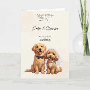 Cute Golden Retriever Bride and Groom Pink Floral Card