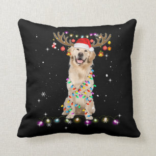 Cute Golden Retriever Christmas Lights Reindeer Cushion