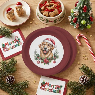 Cute Golden Retriever Christmas Paper Plate