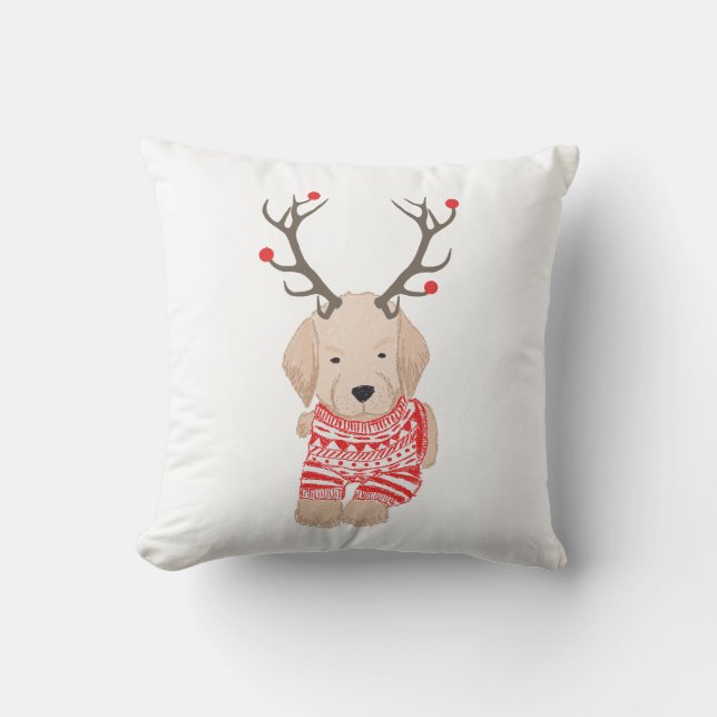 Cute Golden Retriever Christmas Sweater Antlers Cushion (Front)