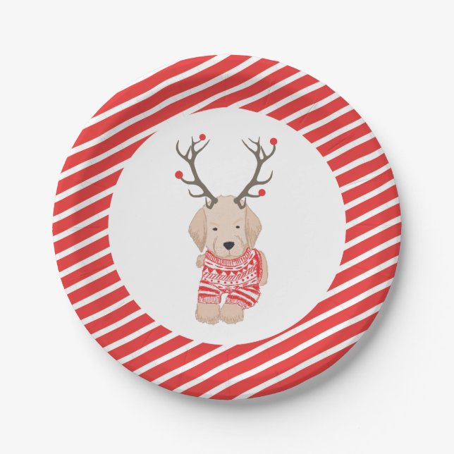 Cute Golden Retriever  Christmas Sweater Antlers Paper Plate (Front)