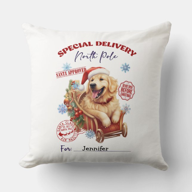 Cute Golden Retriever Christmas Throw Pillow (Front)