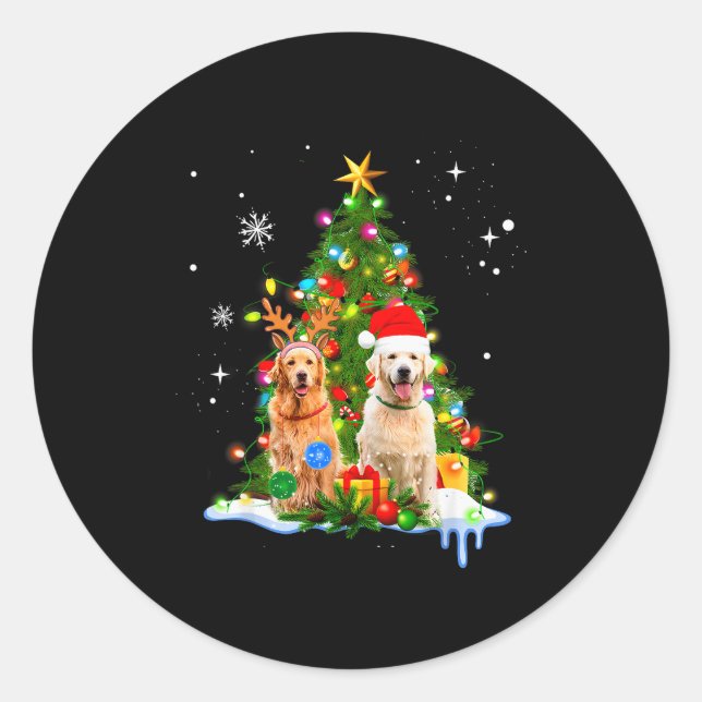 Cute Golden Retriever Christmas Tree  Classic Round Sticker (Front)